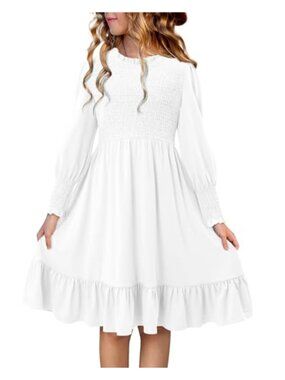 Girls Ruffle Neck Puff Long Sleeve Flowy Smocked Dress Casual Knee Length